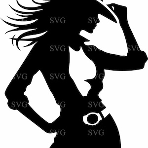 May include: A black and white silhouette of a person wearing a cowboy hat, with long flowing hair. The person is wearing a shirt, pants, and a belt with a large buckle. The image has the text "SVG" repeated throughout.