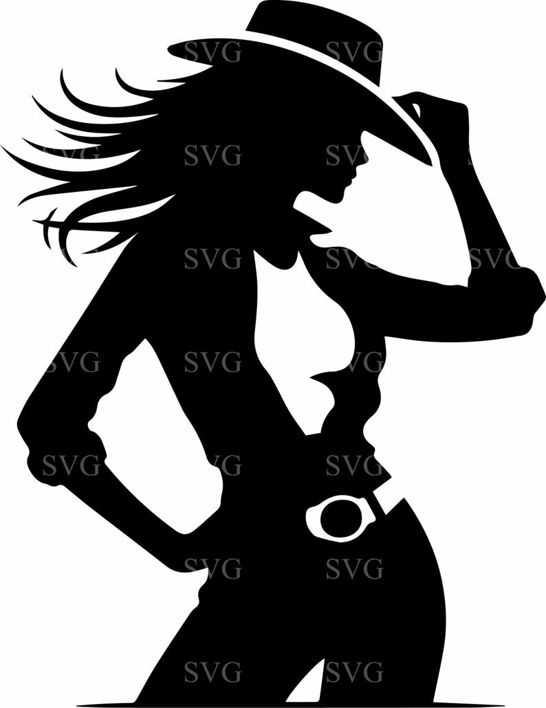 May include: A black and white silhouette of a person wearing a cowboy hat, with long flowing hair. The person is wearing a shirt, pants, and a belt with a large buckle. The image has the text "SVG" repeated throughout.