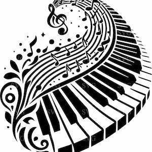 May include: A black and white illustration depicting a piano keyboard, musical notes, and a treble clef. The design incorporates flowing lines of musical notes and decorative floral elements, creating a harmonious visual.