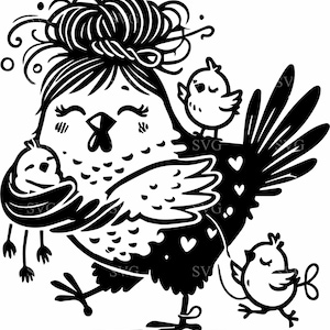 Fichier de coupe SVG 4 famille poulet - charmante poule avec chignon élégant et poussins - Art des animaux de la ferme