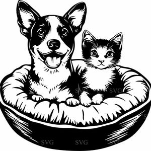 Archivo SVG de corte de 6 perros y gatos, diseño de siluetas de lindas mascotas en la cama, clipart de animales de compañía para Cricut y manualidades láser