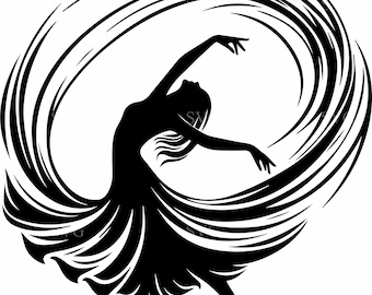 May include: A black silhouette of a dancer in a flowing dress, arms gracefully extended. The dancer is surrounded by swirling lines, creating a sense of movement and energy. The image is set against a white background.