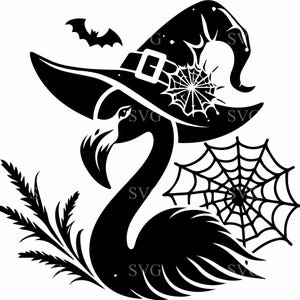 May include: Black and white silhouette of a flamingo wearing a witch's hat with a spiderweb design. The flamingo is standing on a spiderweb.