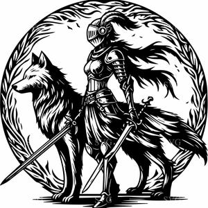 5 archivos SVG de corte de chica guerrera lobo, 5 mujeres guerreras de fantasía SVG, lobo compañero SVG, guerrero tribal SVG para Cricut y Silhouette