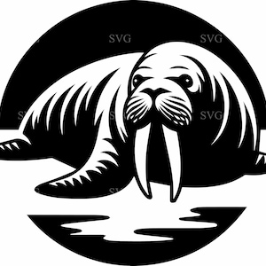 May include: A black and white illustration of a walrus, featuring large tusks and a detailed depiction of its body. The walrus is set against a circular backdrop, with the word "SVG" repeated in the background.