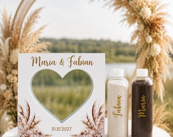 Personalisiertes Sandritual-Set für Patchworkfamilien – Boho-Hochzeitsdeko mit Herzrahmen