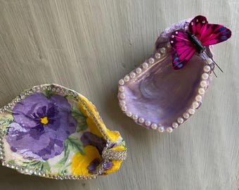 Anillo de decoupage con forma de concha de ostra, juego de 2 pensamientos florales