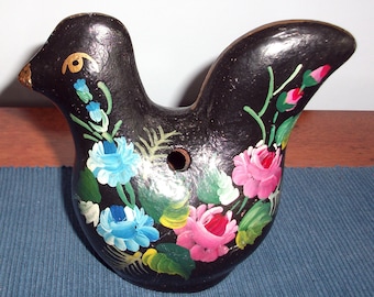 Vintage Pottery Bird, Hand Painted with flowers and leaves. Folk Art Pottery, Mexican Pottery