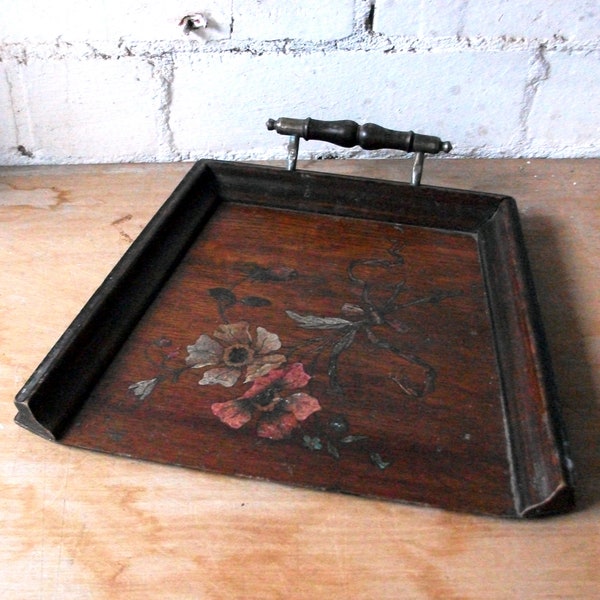 Victorian Wooden Crumb Tray with Handle. Colourful Flower Design Decoration. Antique Household Accessories