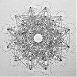 May include: A black and white geometric drawing featuring a complex network of lines and shapes. The design includes a central circle, surrounded by interconnected lines and circular elements, creating a symmetrical pattern. The artwork is on a textured, off-white paper.