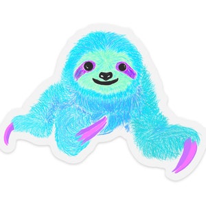 May include: A sticker featuring a cartoon sloth with a cheerful expression. The sloth has blue fur, a light green face, purple accents around the eyes, and pink claws. The sticker is die-cut with a white border.