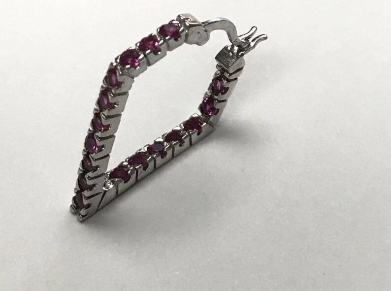 Sterling Silver Pierced Inside Out V Shape Garnet Hoop Earrings