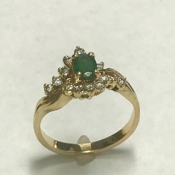 14 k Yellow Gold Emerald & Diamond Ring - image 2