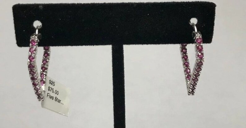 Sterling Silver Pierced Inside Out V Shape Garnet Hoop Earrings