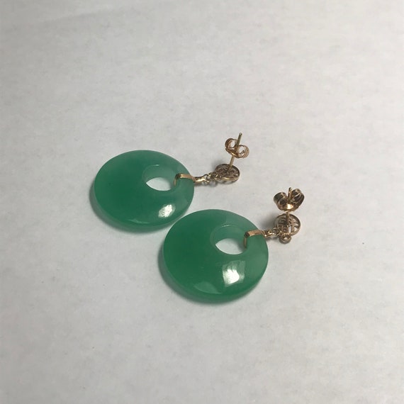 14 K Yellow Gold Pierced Hoop Jade Earrings. - image 3