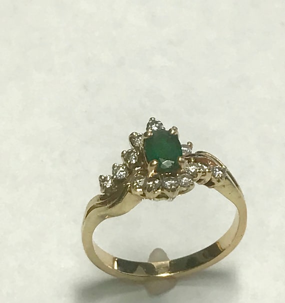 14 k Yellow Gold Emerald & Diamond Ring - image 1