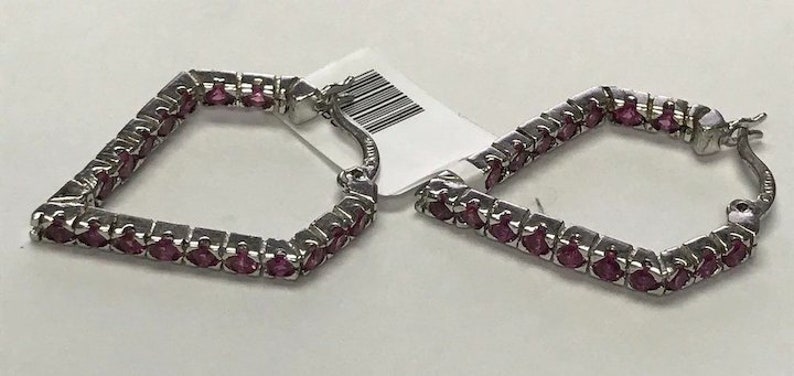 Sterling Silver Pierced Inside Out V Shape Garnet Hoop Earrings