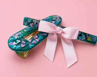 Handmade Resin Hair Clips – Turquoise Mouse Ear Glitter, Pink Bow Accent