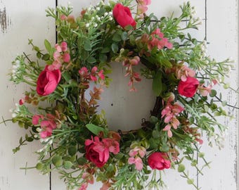 Pink Floral Mini Wreath, Candle Ring, Cottagecore, Farmhouse, Spring Summer small wreath, Mirror, cabinet
