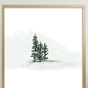 Téléchargeable - Arbres à feuilles persistantes, paysage hivernal, a fière allure sur les tasses à café, les sous-verres et sur votre mur.
