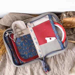 May include: Open craft organizer with a blue floral print, red accents, and a gray exterior. Includes scissors, a red zippered pocket, and a red and white embroidery hoop. The organizer is open, revealing its contents.