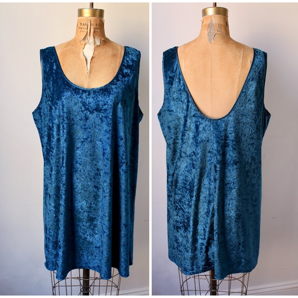 Blue Crushed Velvet Lingerie Dress / 80s Vintage Blue / Teal Chemise / Slip Dress / Women's Size 1X