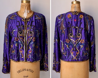 Vintage 80s Glam Beaded Jacket / Retro Jacket / Silk Sequins & Beading / Femme / Women's Size L / Large / 1980s