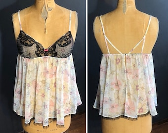 Sheer Babydoll Top / Lingerie Chemise Top / Camisole / Y2K Vintage Sexy See-Through Floral & Lace / Women's Size S / Small