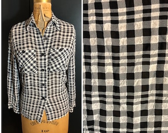 80s Black and White Checked Top / Vintage Plaid Blouse / 1980s Button Down Shirt