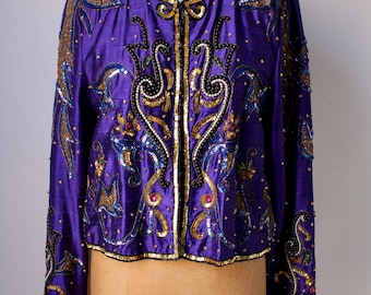 Vintage 80s Glam Beaded Jacket / Retro Jacket / Silk Sequins & Beading / Femme / Women's Size L / Large / 1980s