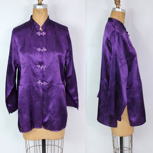 90s Purple Satin Blouse / Vintage Women&#39;s Top / Sleep Shirt / Mandarin Collar / Size S / Small