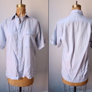 Vintage Blue Linen Button Down Shirt / Top / Short Sleeve Shirt / Minimalist / Men&#39;s / Unisex / Size S / Small