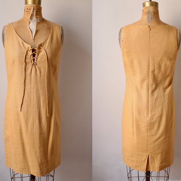 Gold Linen Dress with Lace Up Neckline / 80s Vintage Bohemian Dress / Femme / Women's Size 6