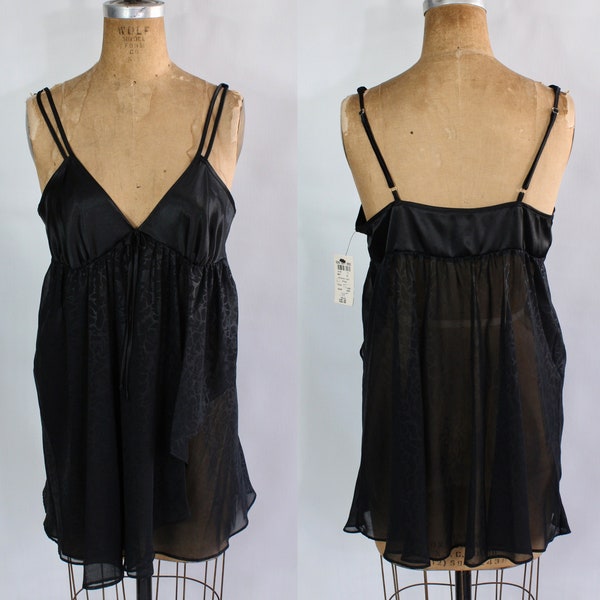 Black Lingerie Babydoll / DEADSTOCK Vintage 80s Chemise Dress / Nightie / Sheer / Women's Size L / Large