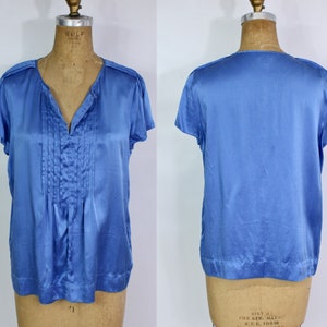 Y2K Blue Silk Blouse / Vintage Women&#39;s Minimalist Top / Short Sleeve Shirt / Size 12