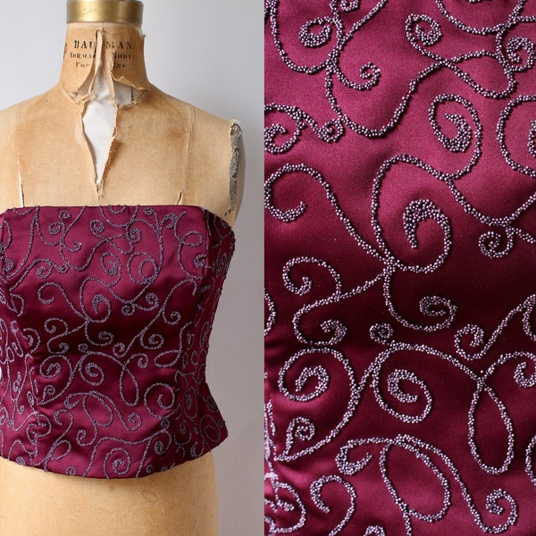 80s Beaded Top / Bodice / Vintage 1980s Strapless Evening Corset Top / Maroon / Women's / Femme Size S / Small