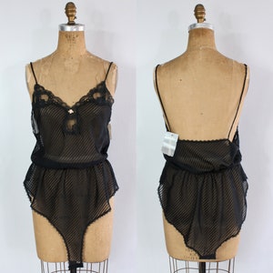 Sheer Black Lingerie Teddy / NEW with TAGS 90s Vintage Sexy Bodysuit / Women&#39;s Size L / Large / Deadstock