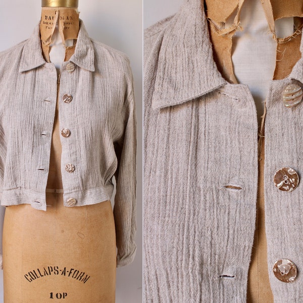 Beige Minimalist Jacket / 90s Vintage / Tan / Beige Flax Linen / Femme / Women's Size S / Small