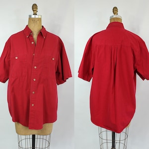 80s Wrangler Button Down Shirt / Vintage Red Short Sleeve Collared Top / Unisex / Size M / Medium