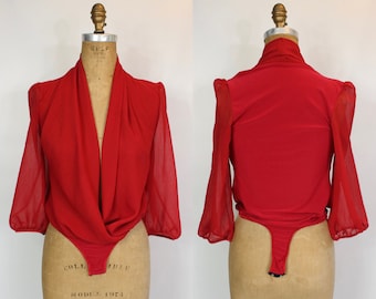 Red Blouse Bodysuit / 80s Vintage Bodysuit with Collar / Women's Size S / Small / 1980s Retro