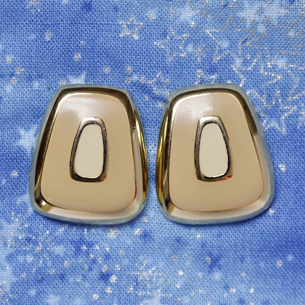 80s Vintage Napier Earrings / Enamel Ivory, Brown and Gold Accent / 1980s Art Deco Style Earrings / Signed Jewelry
