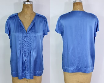 Y2K Blue Silk Blouse / Vintage Women's Minimalist Top / Short Sleeve Shirt / Size 12