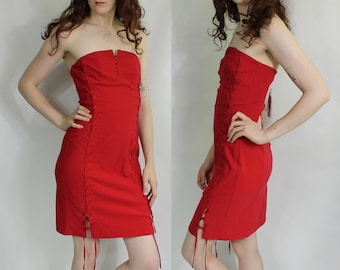 Mini Red Corset Dress / NEW WITH TAGS Lace Up Sides / Vintage Sexy Bodycon Dress / Strapless Women's Dresses / Express