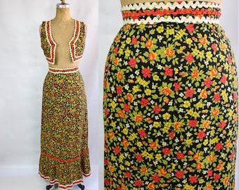 1970s Vintage Handmade Skirt & Bolero Top / 70s Boho / Hippie Floral Outfit / Vest / Femme / Women's
