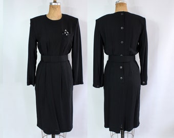 80s Black Sheath Dress / Vintage 1980s Gothic Secretary Dress / Back Button / Goth / Women's Size 4