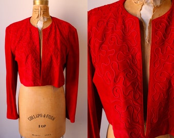 Red Suede Leather Jacket / 1970s Vintage Cropped Jacket / 70s Cowgirl / Western / Femme / Women's Size 8