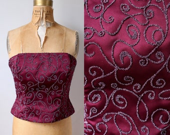 80s Beaded Top / Bodice / Vintage 1980s Strapless Evening Corset Top / Maroon / Women's / Femme Size S / Small