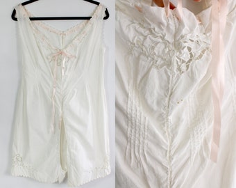 Antique Edwardian Step In Romper Chemise / Pleated White Lingerie / 1910s / 1900s Vintage