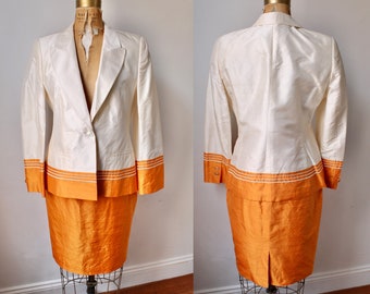 Rara chaqueta y falda Louis Féraud / 1980s Vintage SILK Orange and White Skirt Suit / 80s Blazer / Women's / Femme Size 8