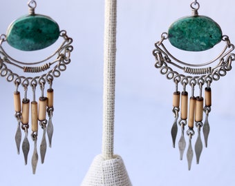 Stunning Boho Earrings / Vintage Dangle Earrings / Silver with Green Stones / Natural / Bohemian Jewelry